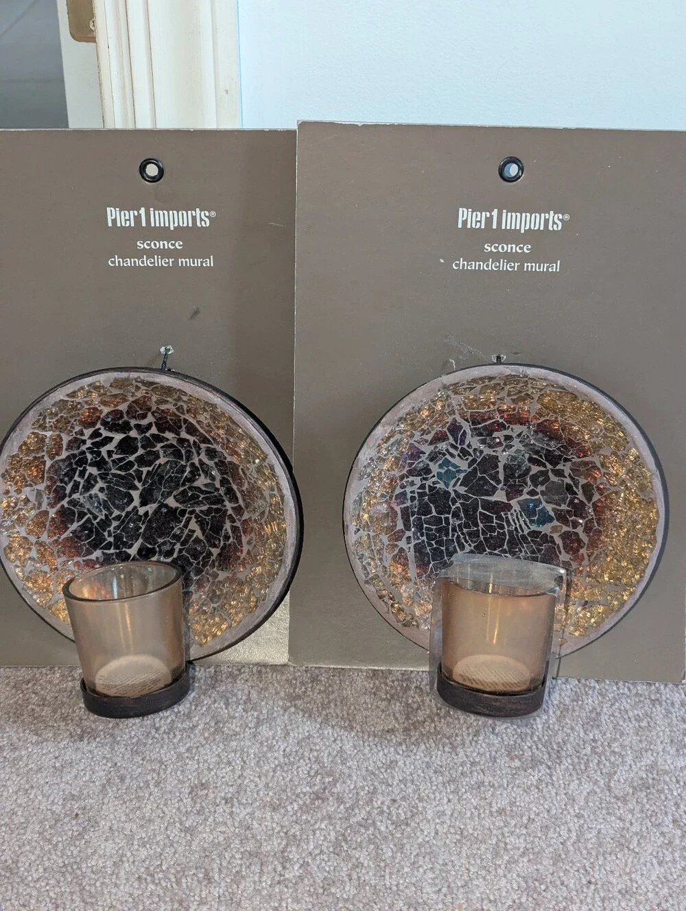 Pier 1 Amber and Bronze Mosaic Glass Wall Sconces for Tea Lights